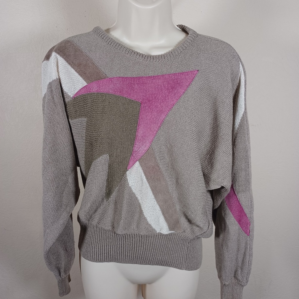 Jaymee Papell Neiman Marcus Vtg 80s‎ Glam Geometric Leather Dolman Sweater Large